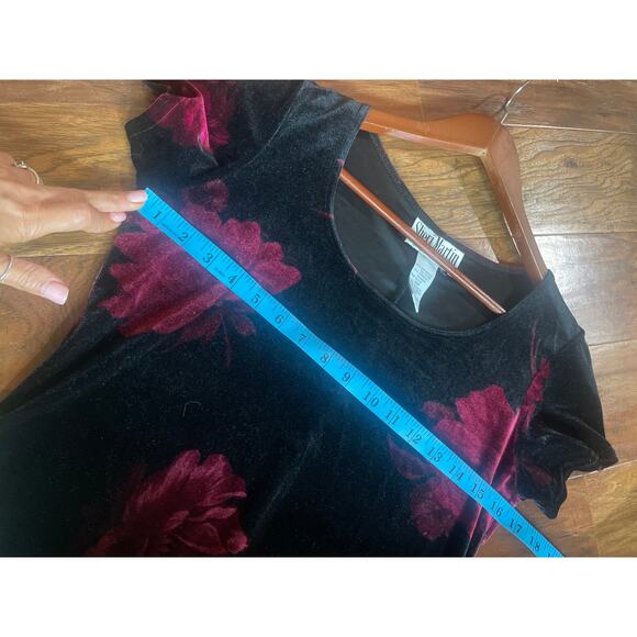 Vintage 90s Stretch Velvet Dress WHIMSIGOTH FAIRY GRUNGE Rose Print M Black - Picture 6 of 7